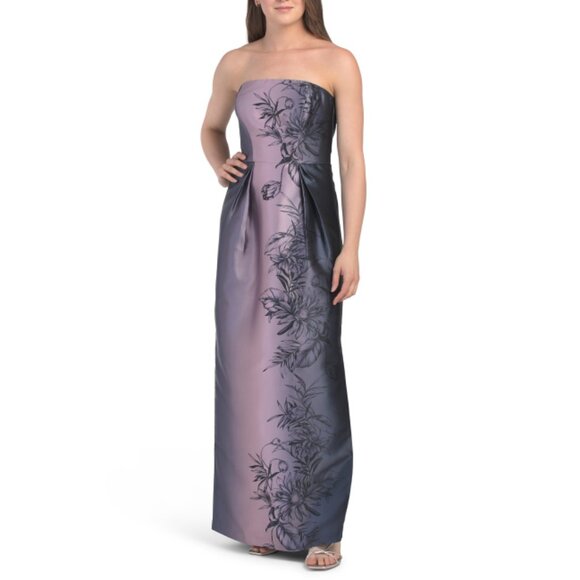 KAY UNGER Navy/Pink Marisol Strapless Floral Border Gown